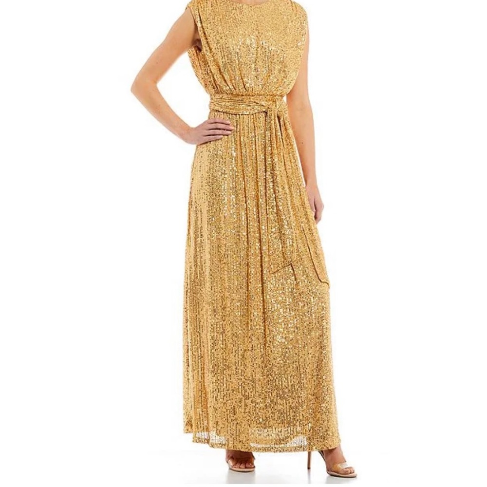 LDT Ivy sequin crew neck sleeveless draped goddess gown size 12